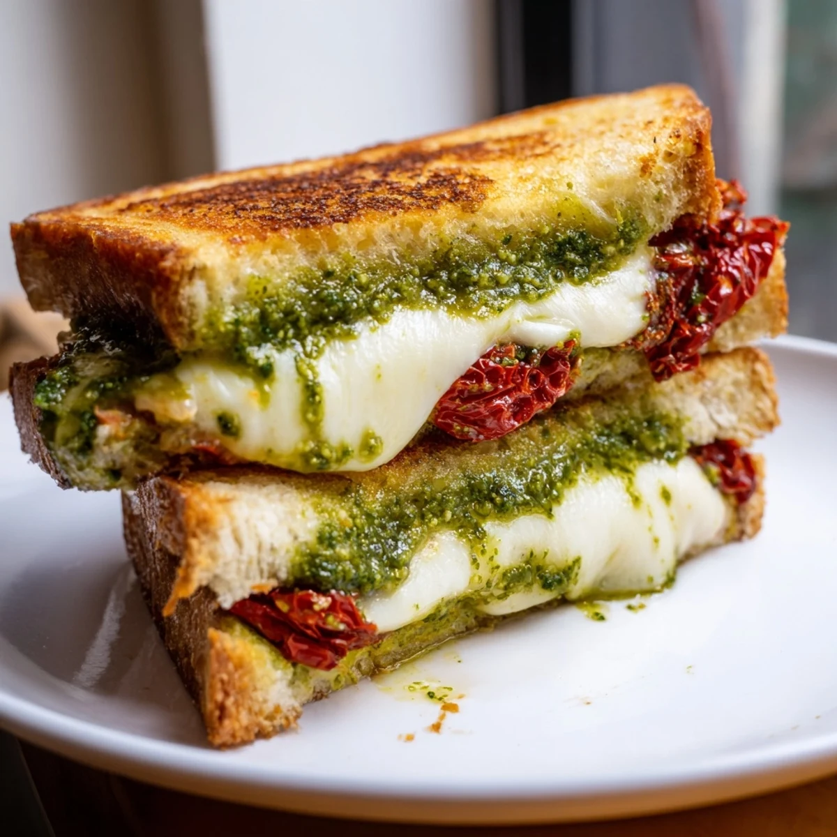 Warm, gooey Pesto Grilled Cheese cut in half, revealing the creamy, cheesy interior and pesto.