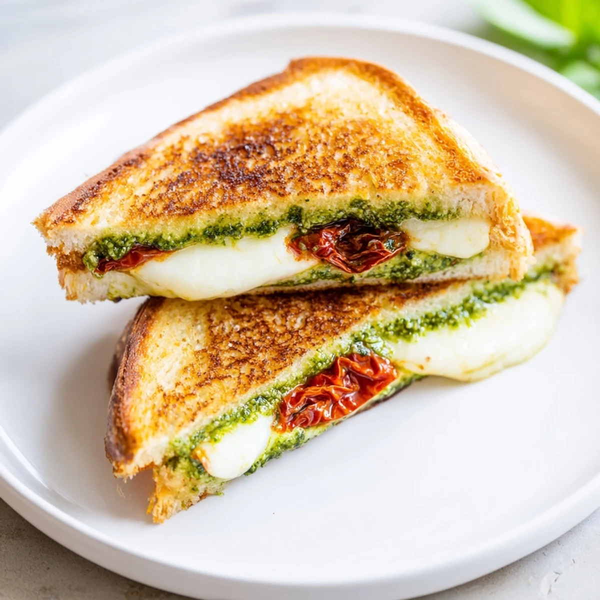Golden, crispy Pesto Grilled Cheese sandwich with melted mozzarella and bright red tomatoes.
