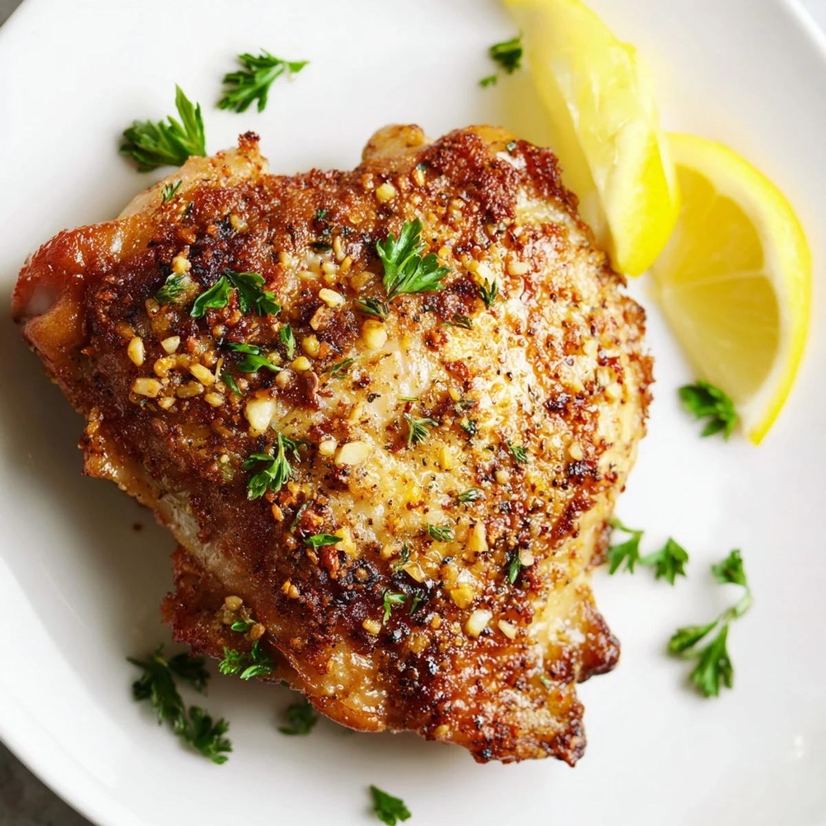 Golden-brown and crispy, these garlic chicken thighs offer succulent, juicy meat under a flavorful crust.