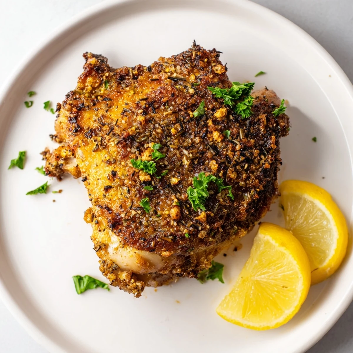 Air-fried and glistening, crispy garlic chicken thighs are ready to serve with fresh parsley and lemon.