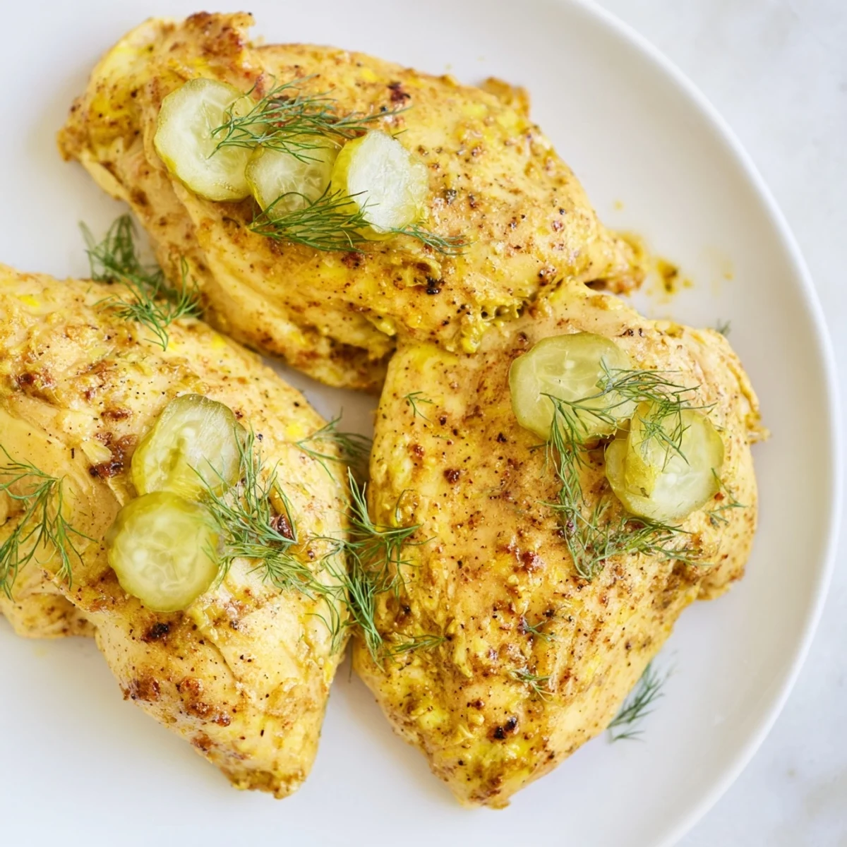 Golden-brown Pickle Ranch Chicken, juicy and tender, ready to serve with fresh dill and pickles.