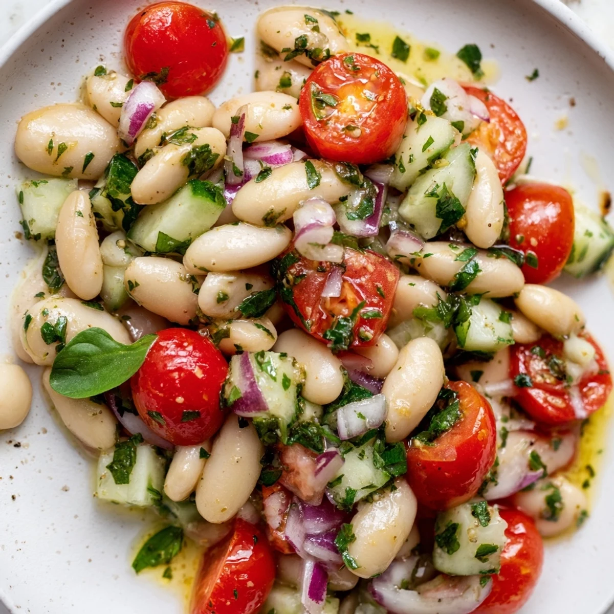 White bean salad with bright red tomatoes and fresh herbs in a simple olive oil dressing.