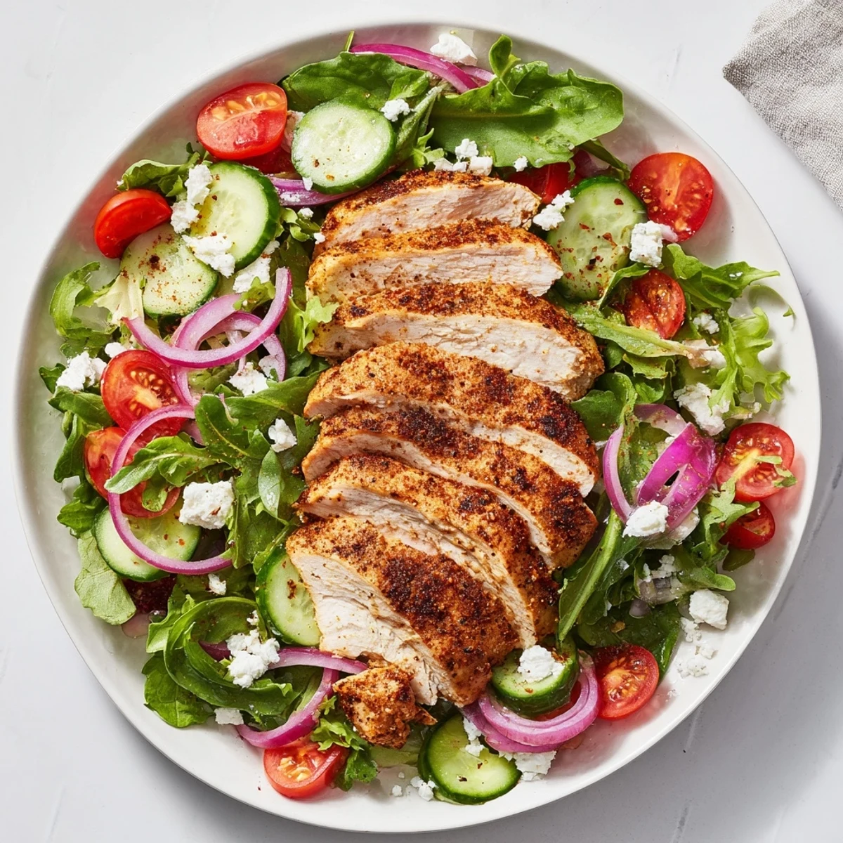 Golden-brown Quick Pan-Seared Chicken Salad, with warm chicken atop vibrant greens, ready to eat.