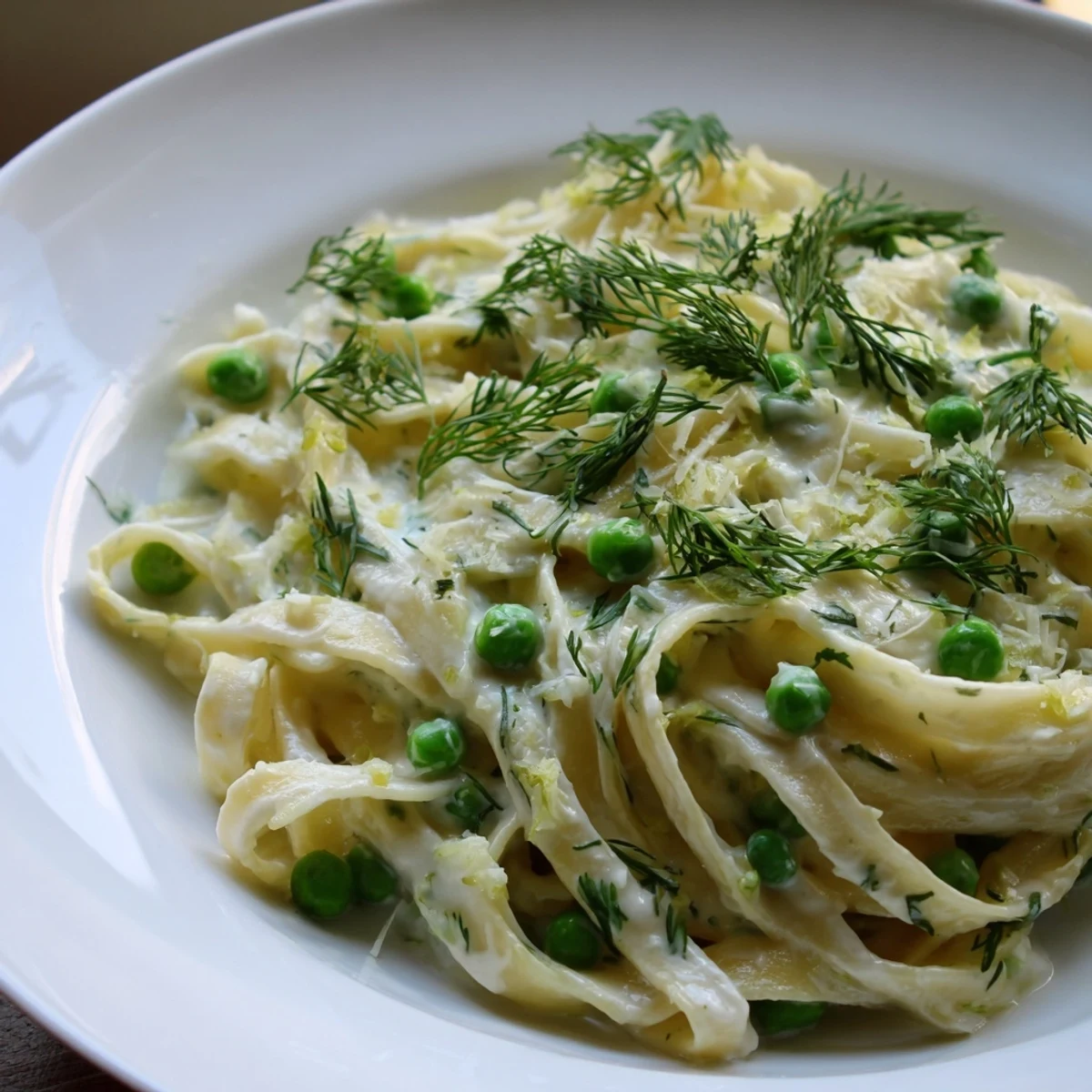 Creamy dill pasta, a visually appealing plate of pasta coated in creamy, herb-infused sauce.