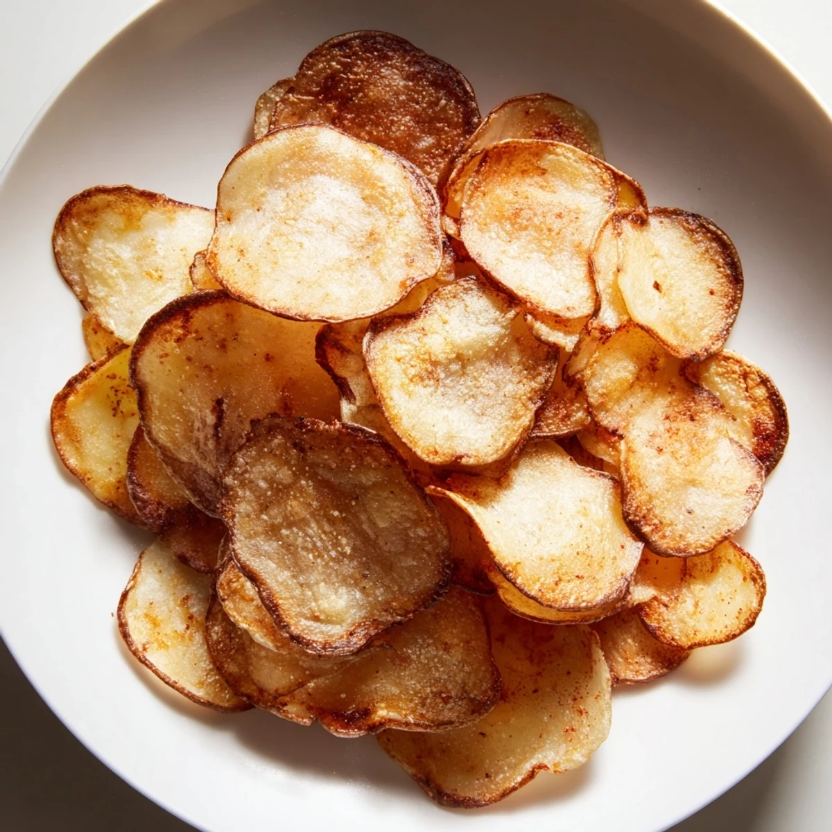 Golden, crispy Homemade Air-Fryer Potato Chips, perfectly seasoned and ready for snacking, fresh from the air fryer.