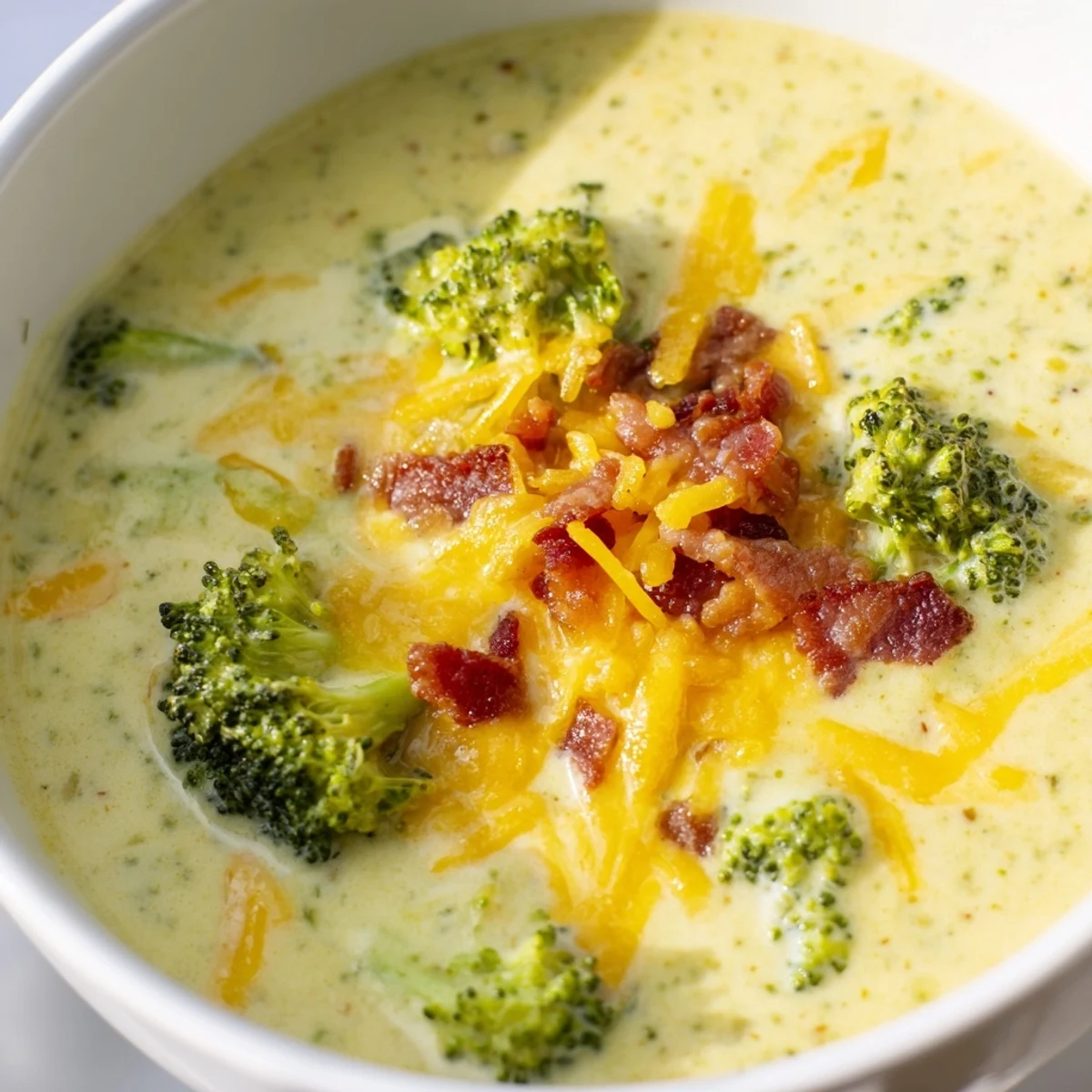 Steaming bowl of Broccoli Cheddar Soup, garnished with cheese, served with golden grilled bread.