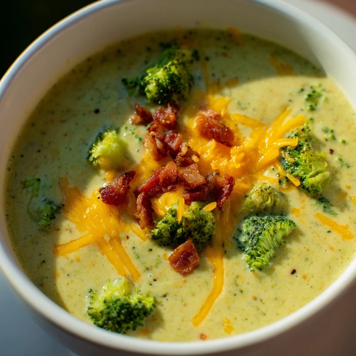 Close-up of a rich, homemade Broccoli Cheddar Soup, brimming with cheesy goodness and aroma.