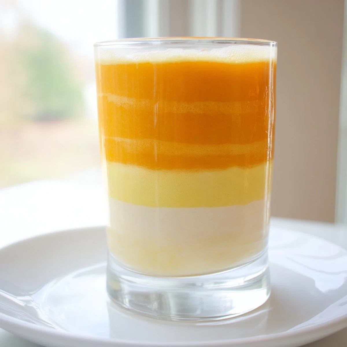 Vibrant layers of the Tropical Sunset Smoothie—mango, passion fruit and orange—look refreshing and delicious.