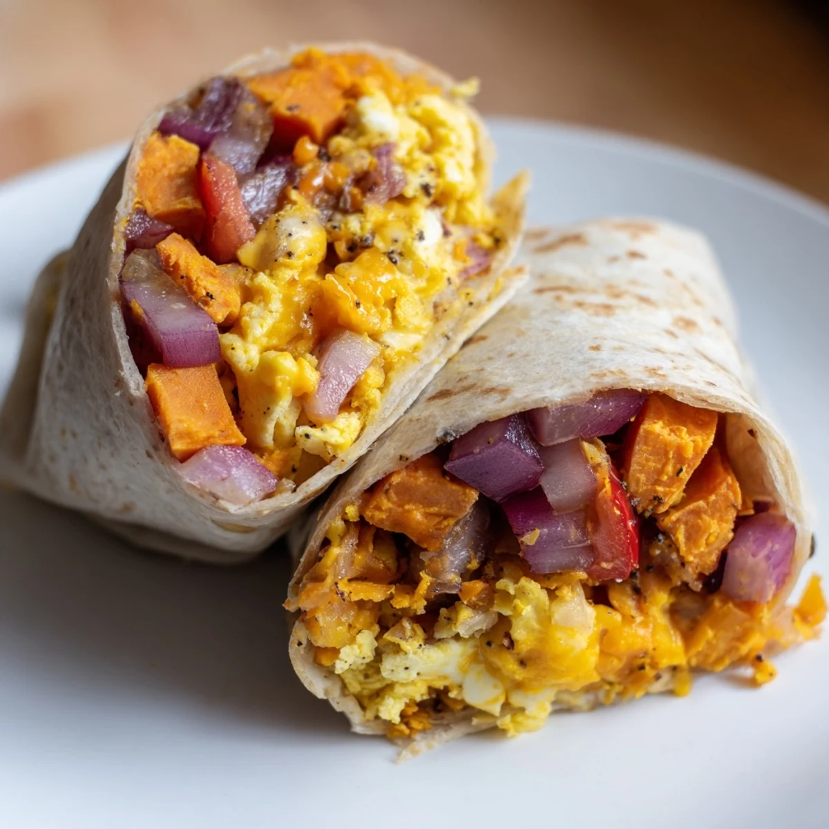 A perfectly wrapped sweet potato breakfast burrito, featuring golden roasted vegetables and melted cheese.