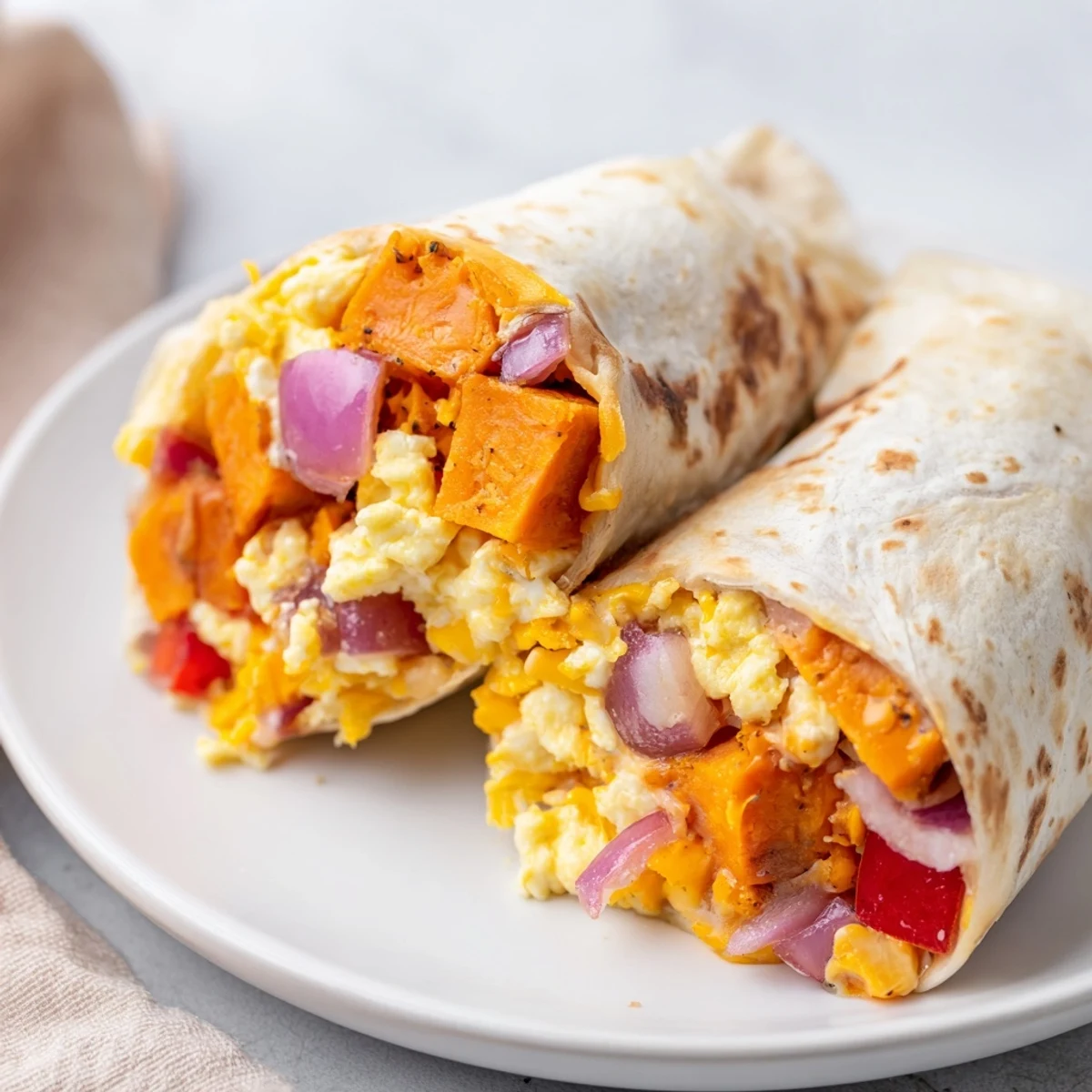 Warm, cheesy sweet potato breakfast burritos are displayed, ready to eat with a side of salsa.