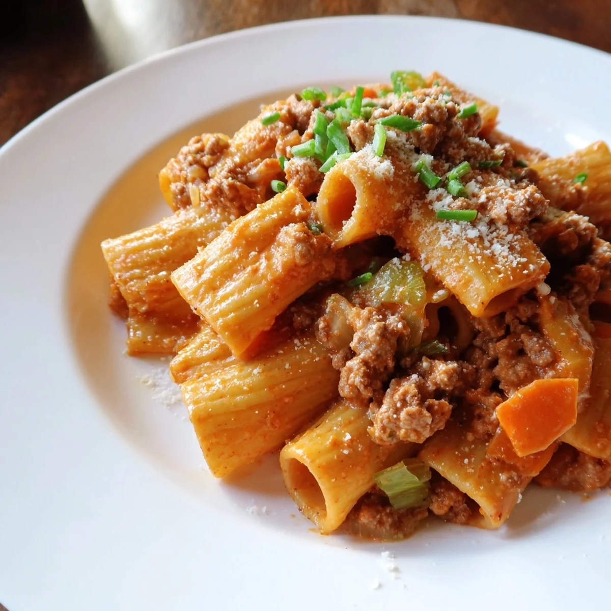 Steaming bowl of Chaos Cooking Kimchi Ragu Pasta, with rigatoni coated in a vibrantly red sauce.