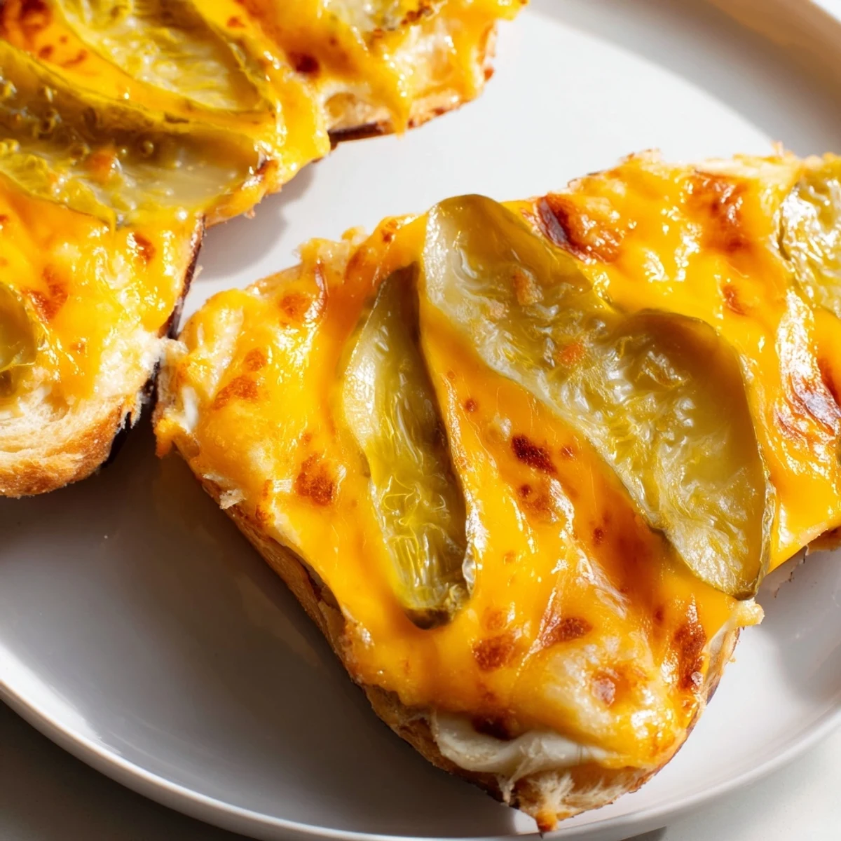Golden, bubbly Pickle Bread Sandwich featuring melted cheese and crunchy dill pickles at lunch.
