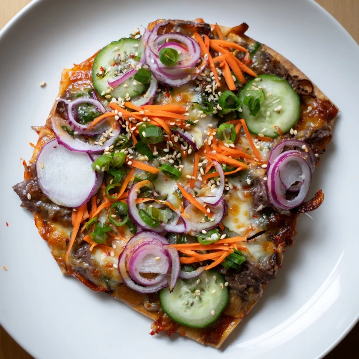 Korean BBQ Nachos topped with vibrant vegetables and melted cheese, a flavorful appetizer.