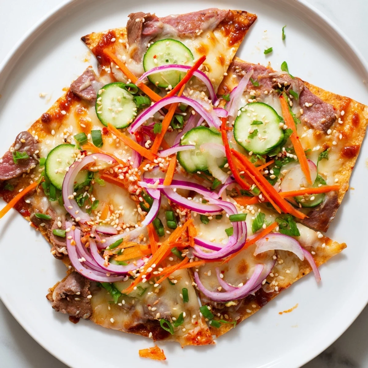 Golden and bubbly, delicious Korean BBQ Nachos loaded with savory beef and crunchy tortilla chips.