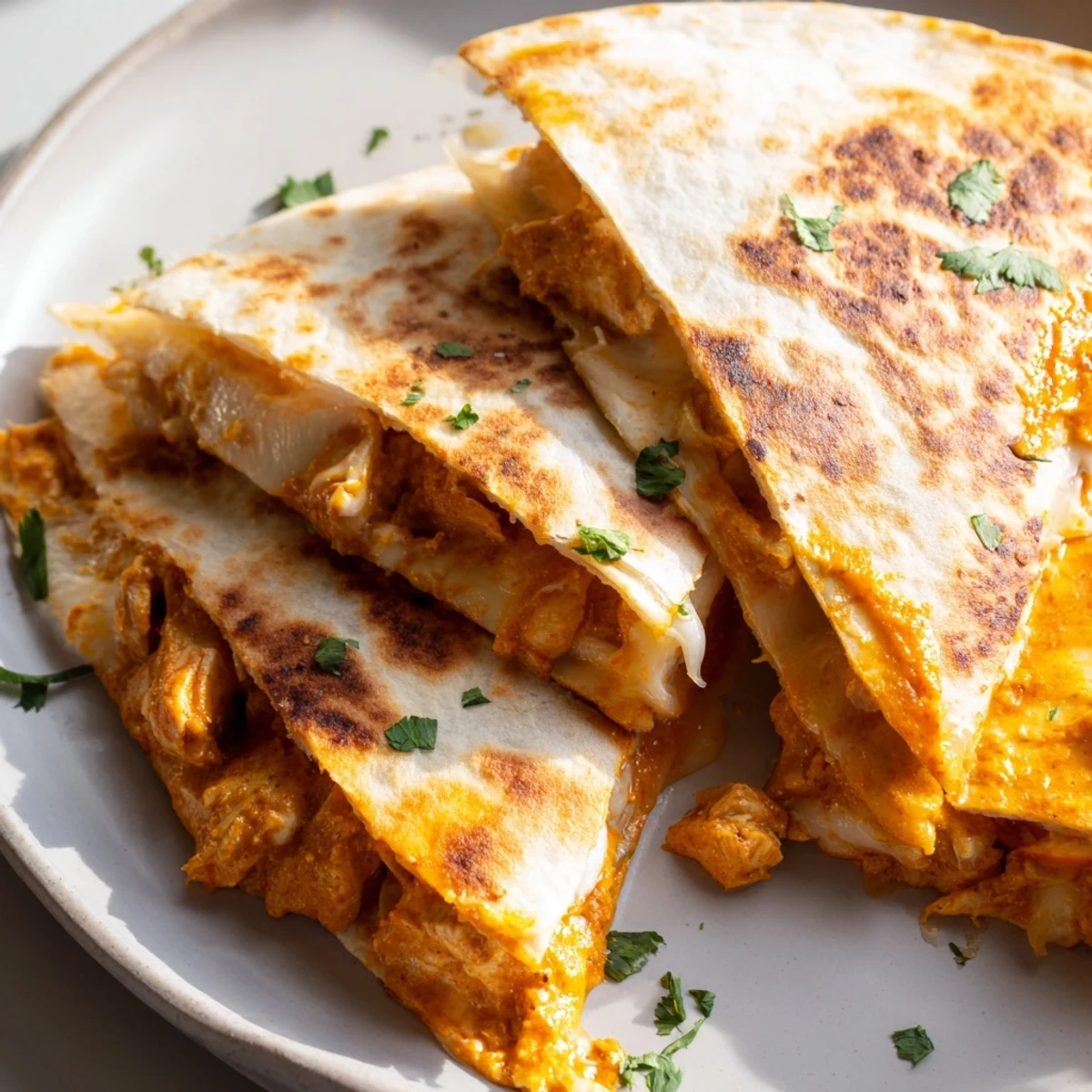 Golden, cheesy Butter Chicken Quesadillas sliced and ready to serve with cilantro garnish.