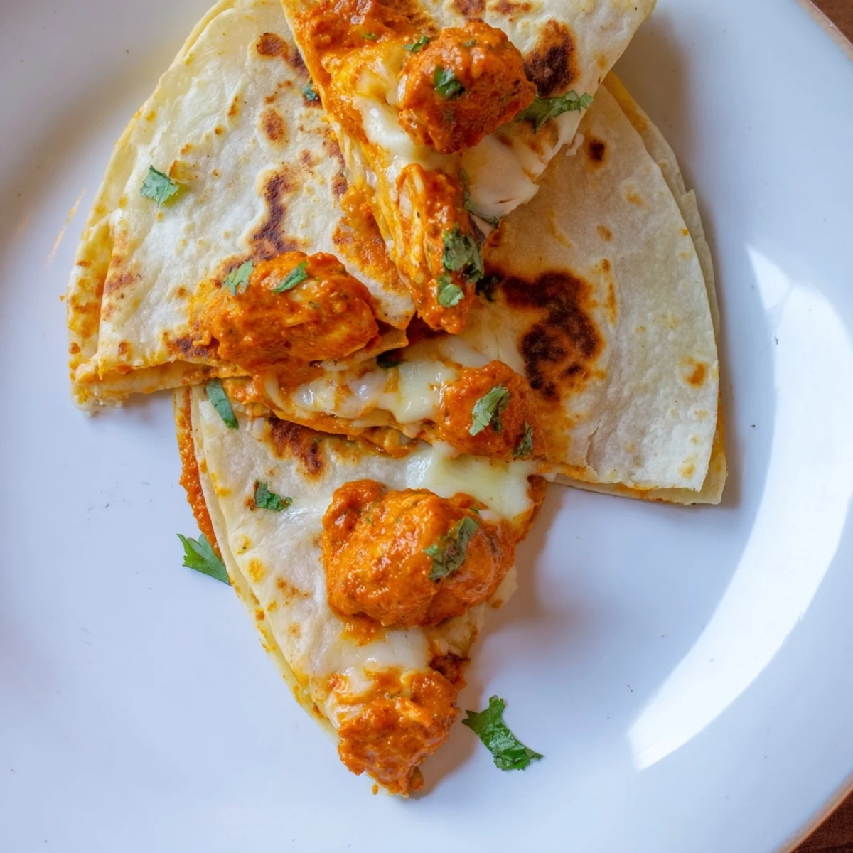 A close-up of buttery, spiced Butter Chicken Quesadillas, with melted cheese oozing out.