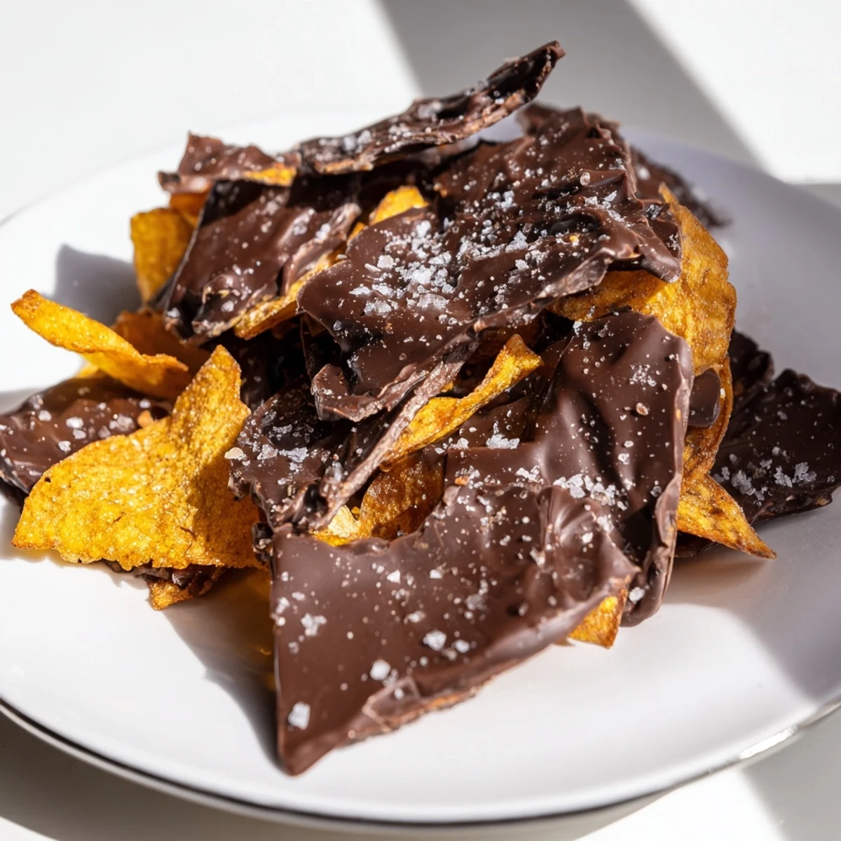 Crackly pieces of chocolate potato chip bark with sea salt, a sweet, salty, and easy dessert.