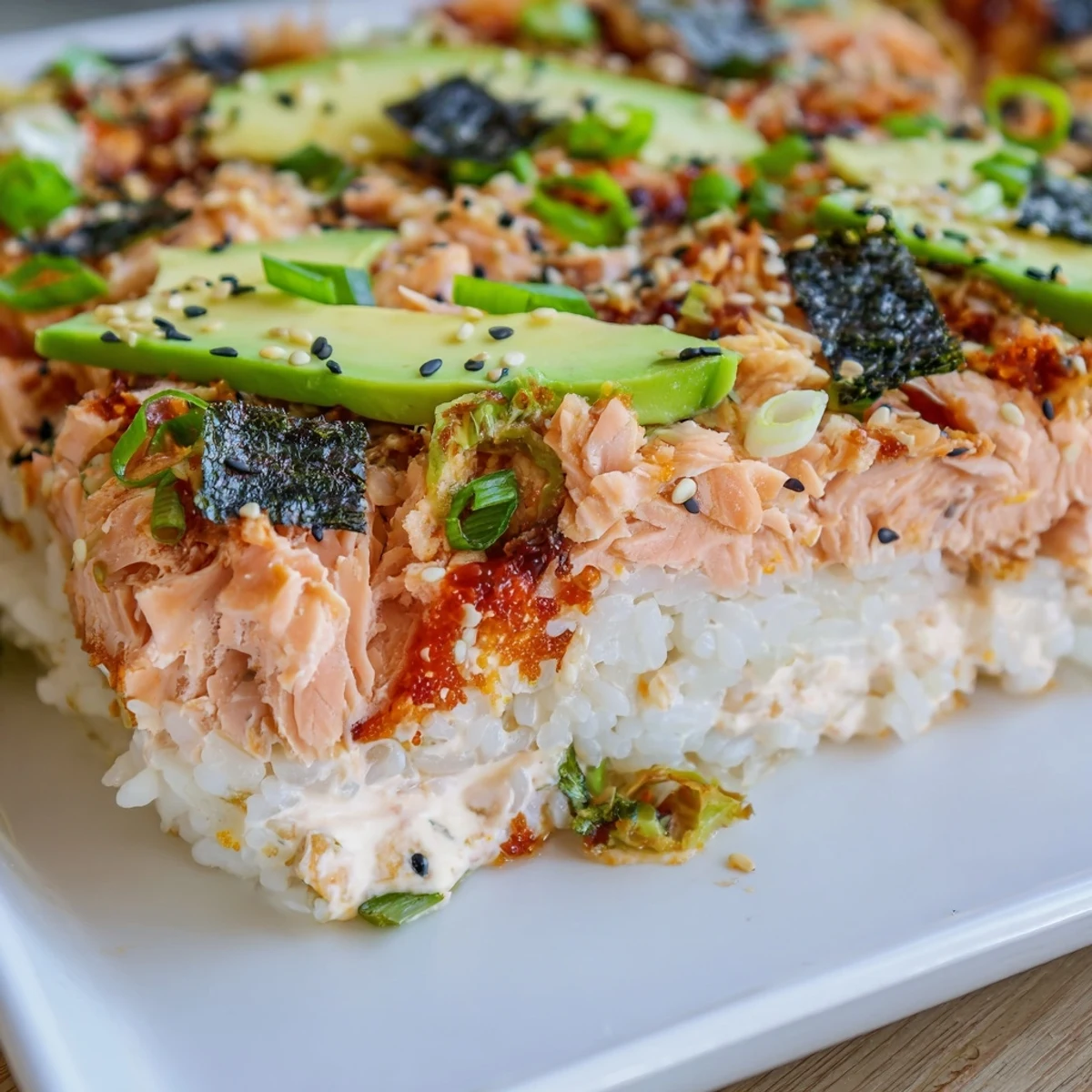 This baked family-style Sushi Bake Casserole features flaked salmon over seasoned rice, ready to enjoy.