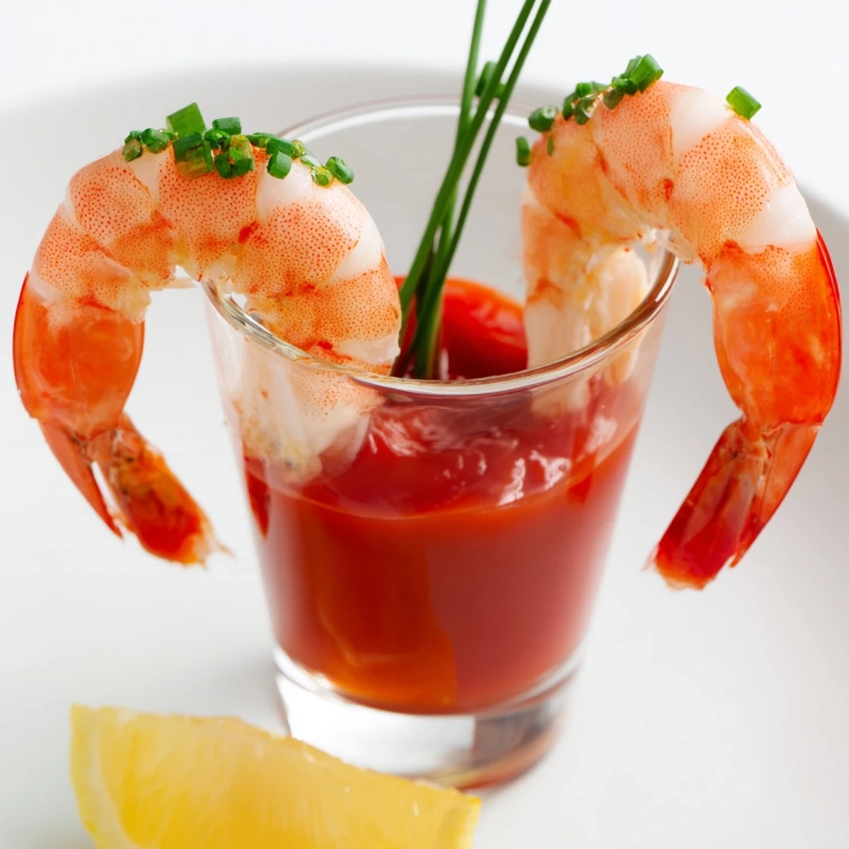 Elegant Retro Prawn Cocktail Shooters: Chilled shrimp nestled in a spicy sauce, garnished with herbs and lemon slices.