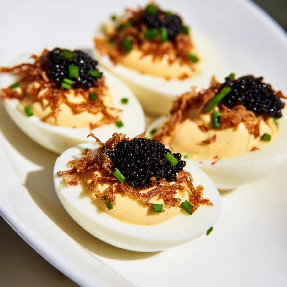 Elegant deviled eggs topped with glistening caviar and crunchy shallots, a perfect appetizer.