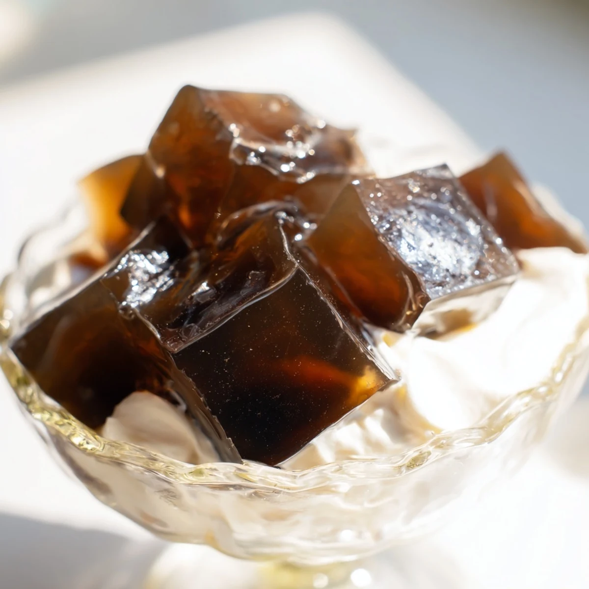 Cubes of homemade Coffee Jelly Dessert glistening and floating in a glass bowl filled with sweet, creamy topping.