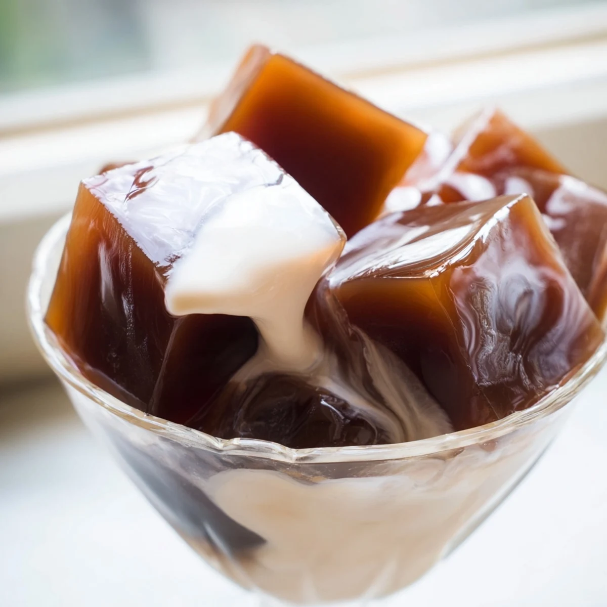 A spoon scooping into layered Coffee Jelly Dessert with cream, ready to serve as a light, elegant dessert.