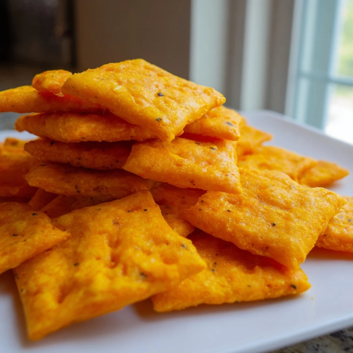 Homemade Crispy Cheeto Cheese Crackers arranged on a parchment-lined tray after baking.  