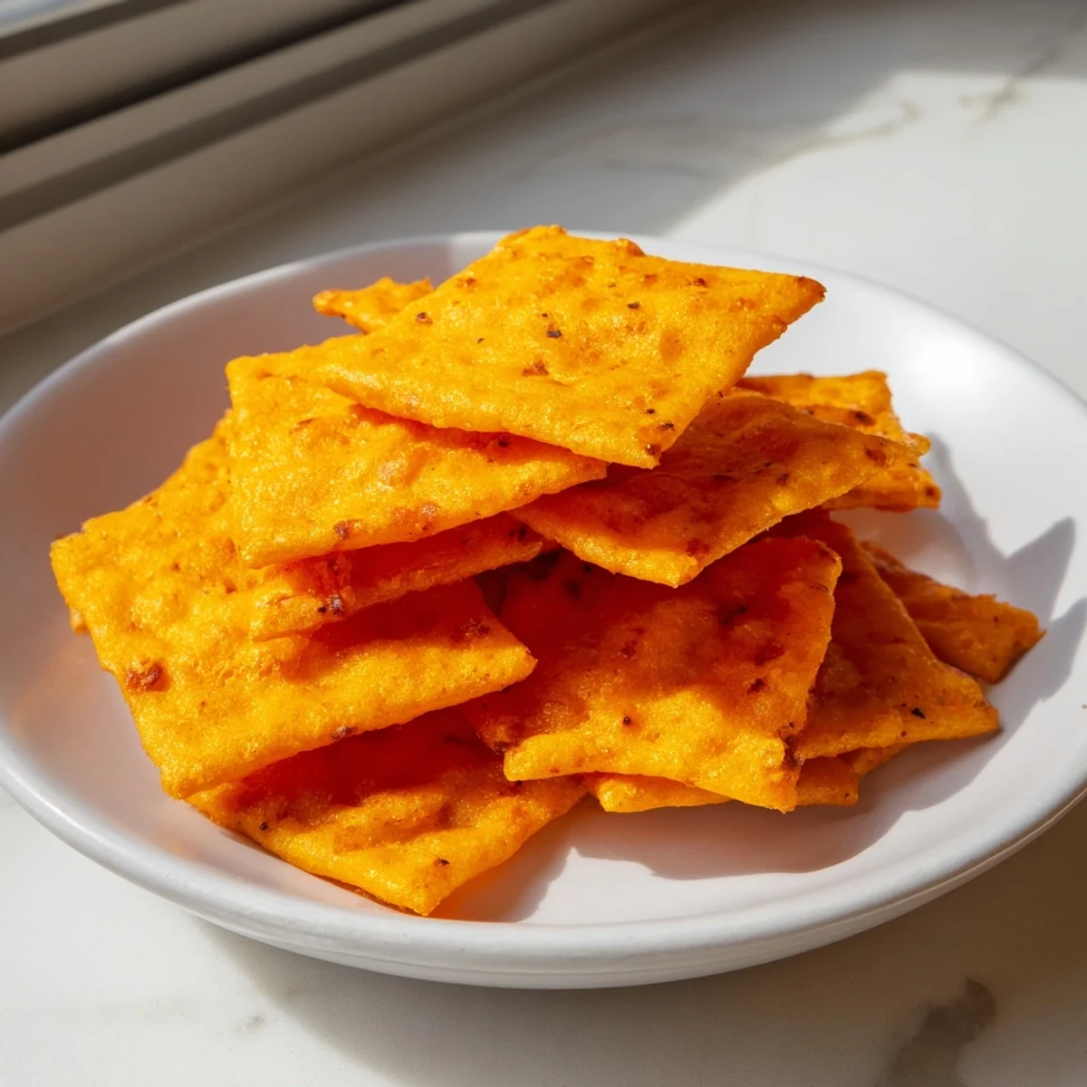 Freshly baked Crispy Cheeto Cheese Crackers cooling on a wire rack with melted cheddar edges.