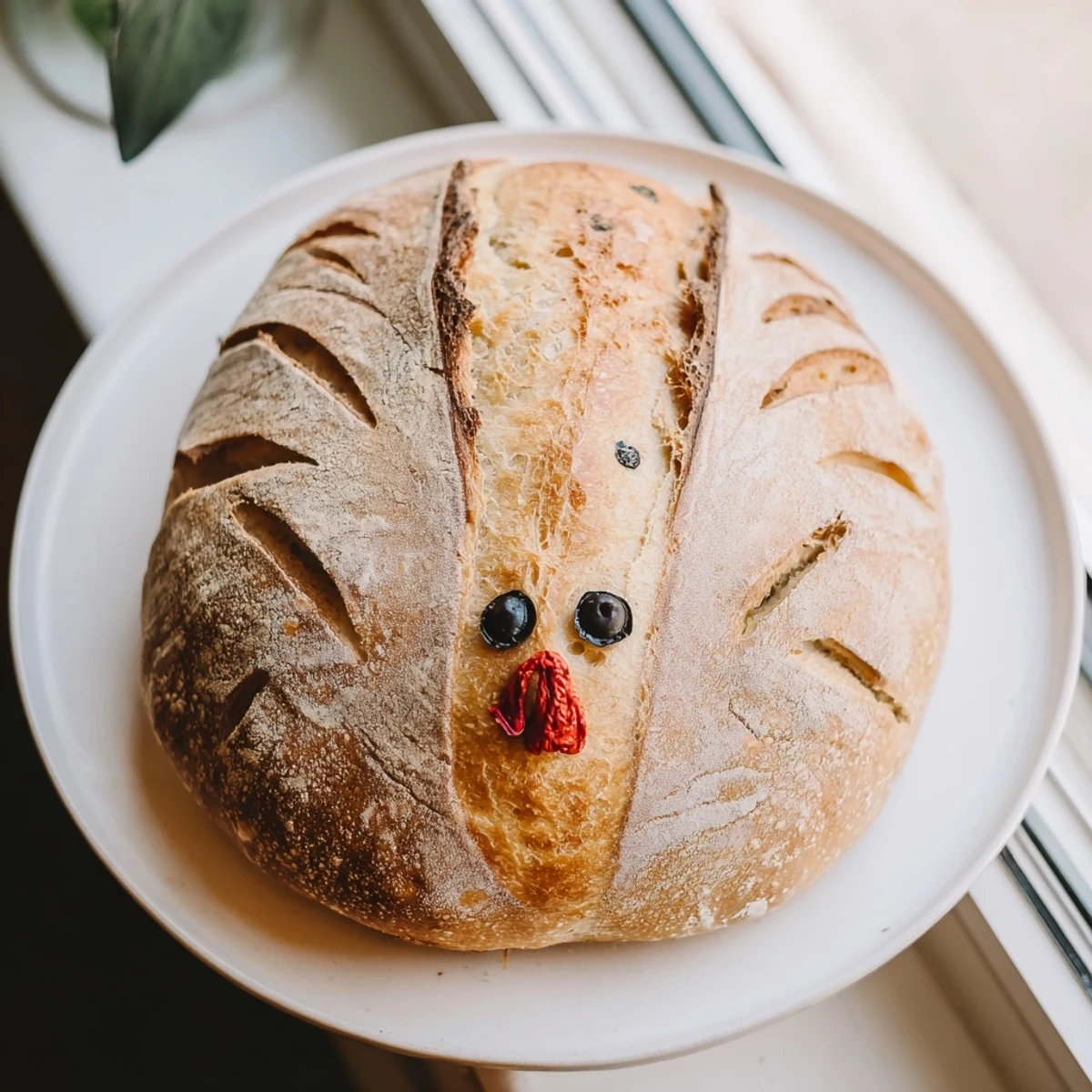 Overhead shot showcasing the intricate scoring of turkey feather patterns on a rustic sourdough centerpiece, with a red pepper wattle and olive eyes.