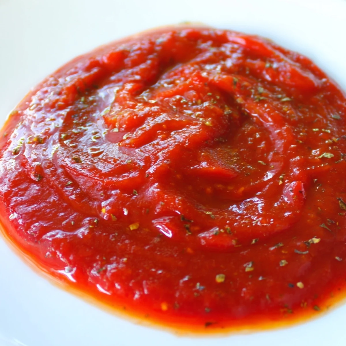 Steaming bowl of fettuccine topped with a hearty scoop of smooth vegetable-rich pasta sauce ready for dinner.