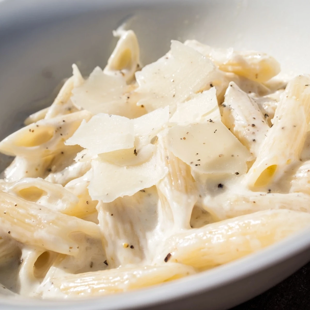 A one-pot creamy milk pasta with tender penne coated in a velvety, garlic-infused sauce, served steaming in a wide skillet.  