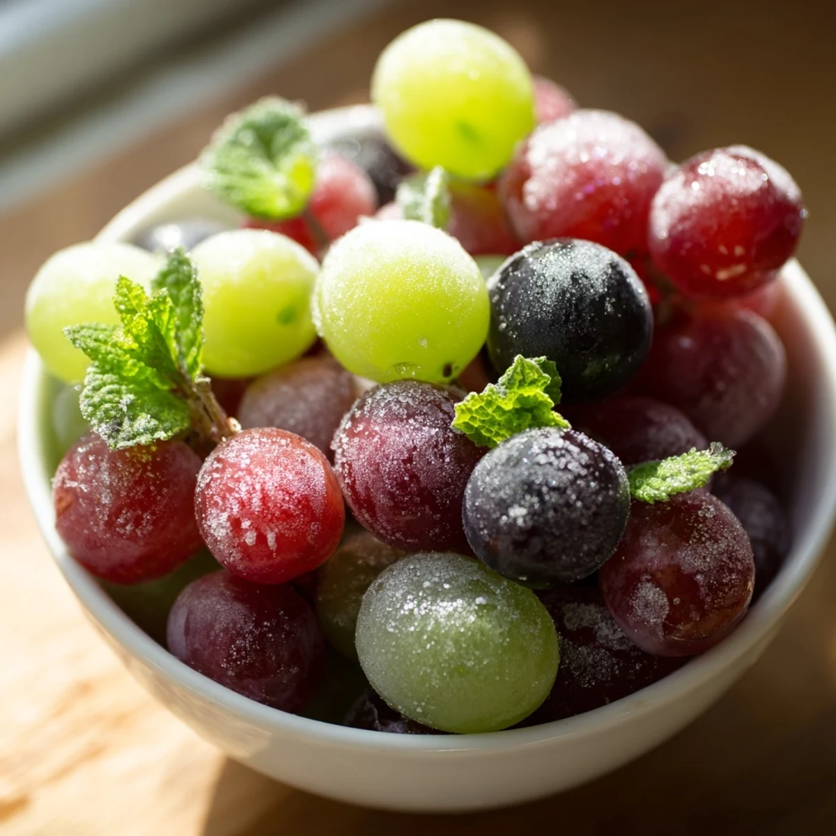 Frozen grapes spa treat served in a chilled bowl, garnished with fresh mint and a hint of lemon zest.