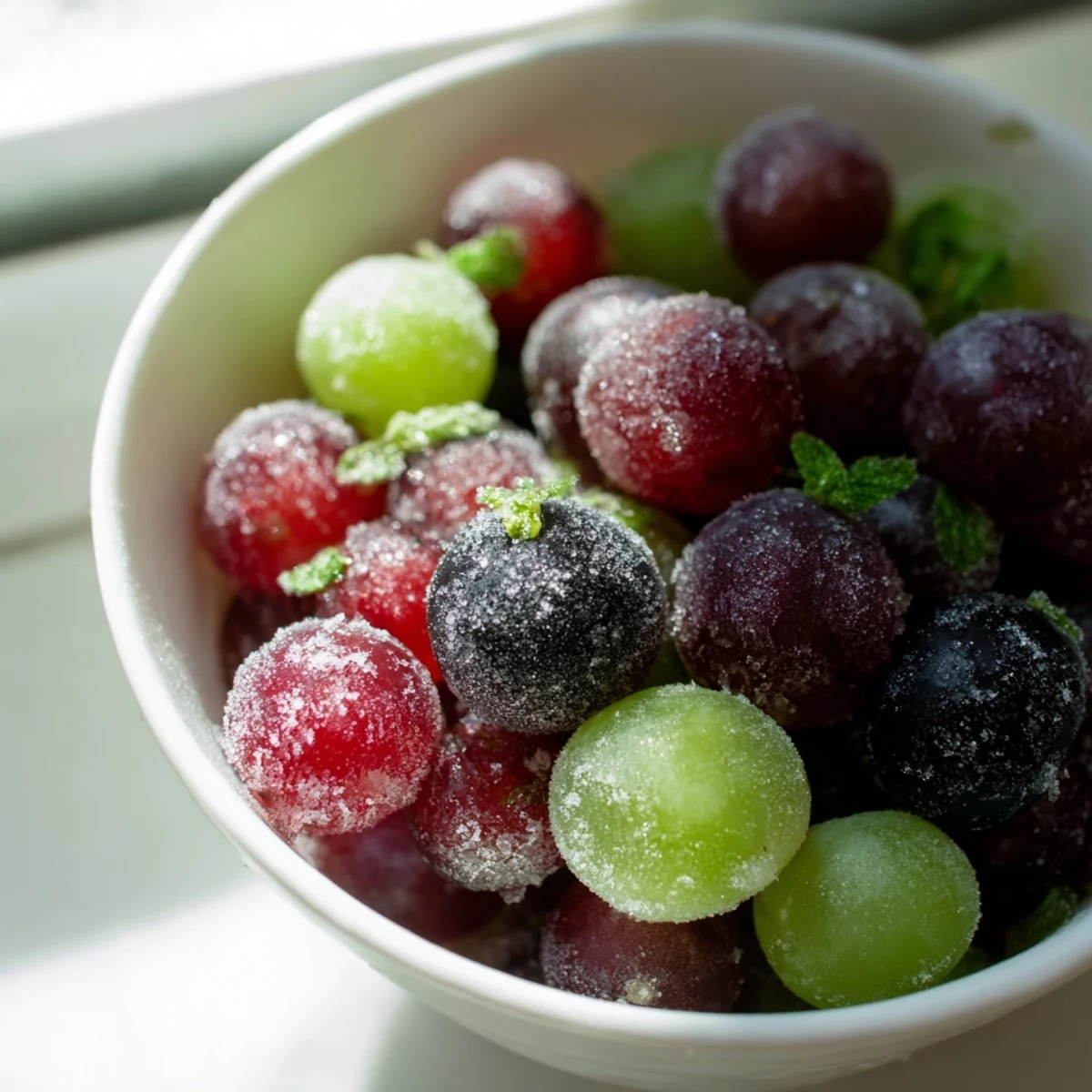 A close-up of frozen grapes spa treat glistening with frost, perfect for a refreshing snack on a warm day.