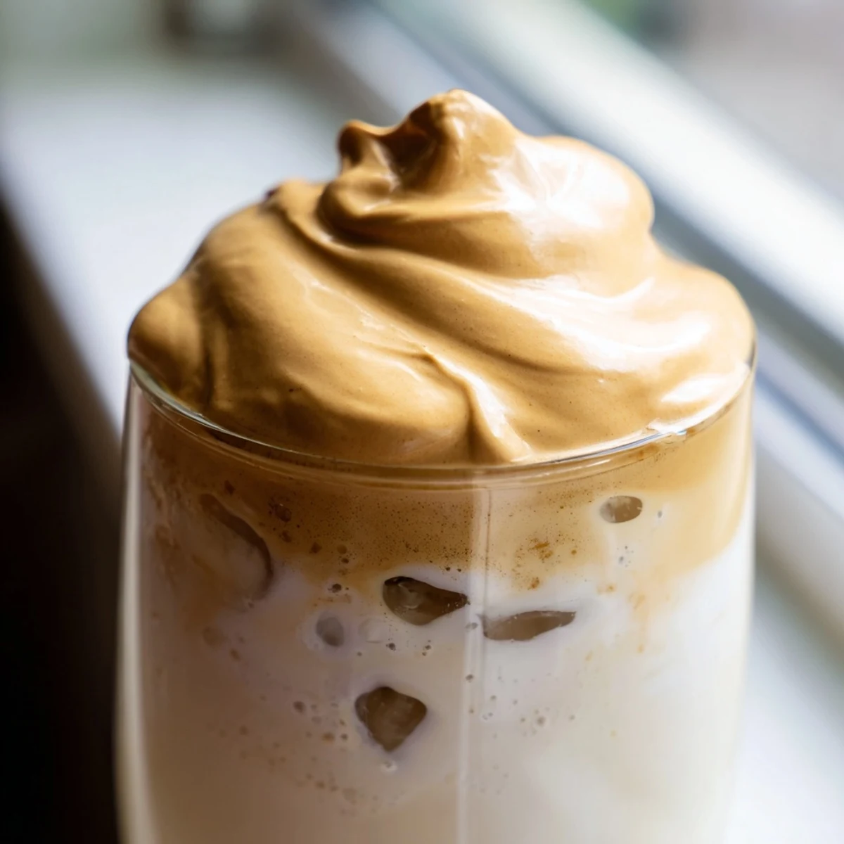 Fluffy whipped Dalgona coffee topping floating over a glass of cold milk with ice cubes, ready to sip.