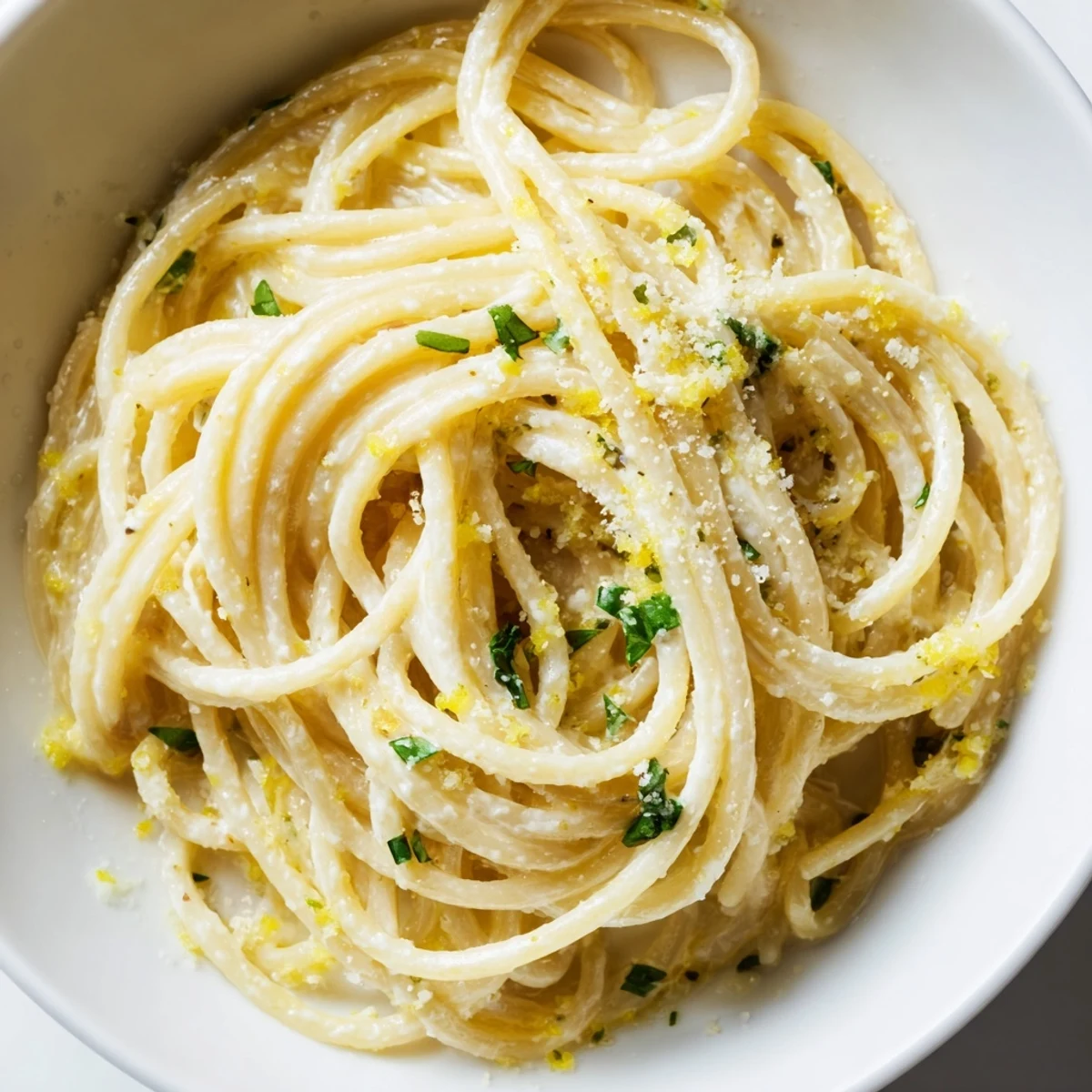 Creamy lemon ricotta pasta served in a white bowl, with golden olive oil drizzle and fresh parsley on top.