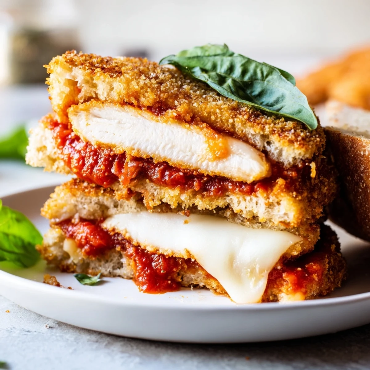 Crispy fried chicken cutlet, melted mozzarella, and zesty marinara layered between golden garlic bread slices for a hearty Chicken Parm Grilled Cheese.
