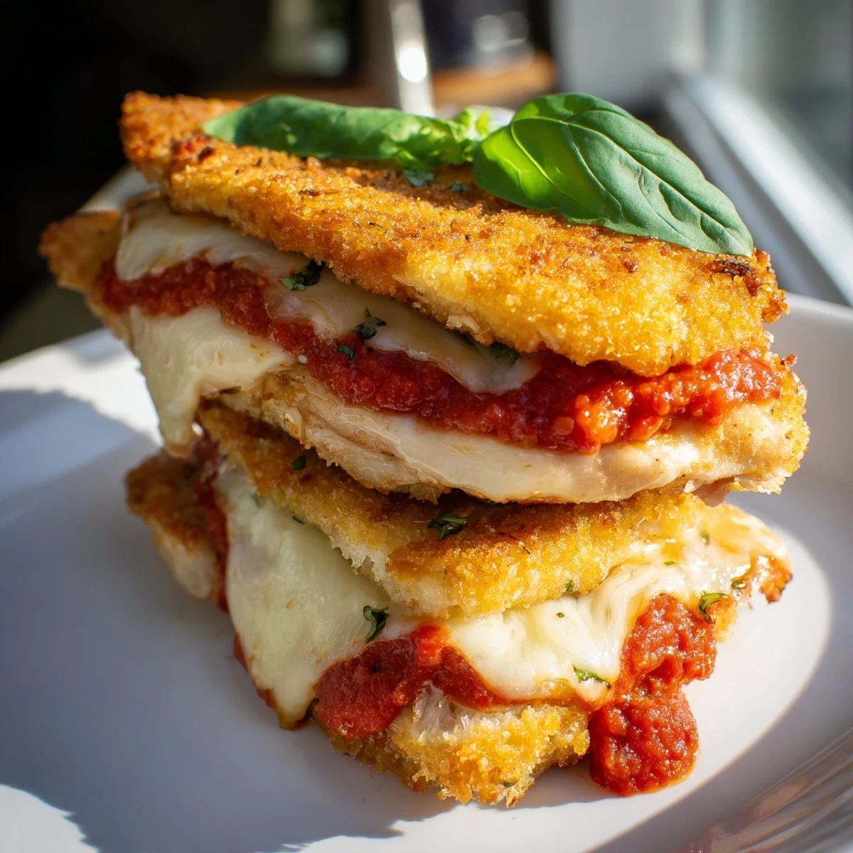 A close-up of a sliced Chicken Parm Grilled Cheese sandwich, revealing gooey mozzarella, red marinara, and crunchy breaded chicken nestled in buttery, toasted bread.