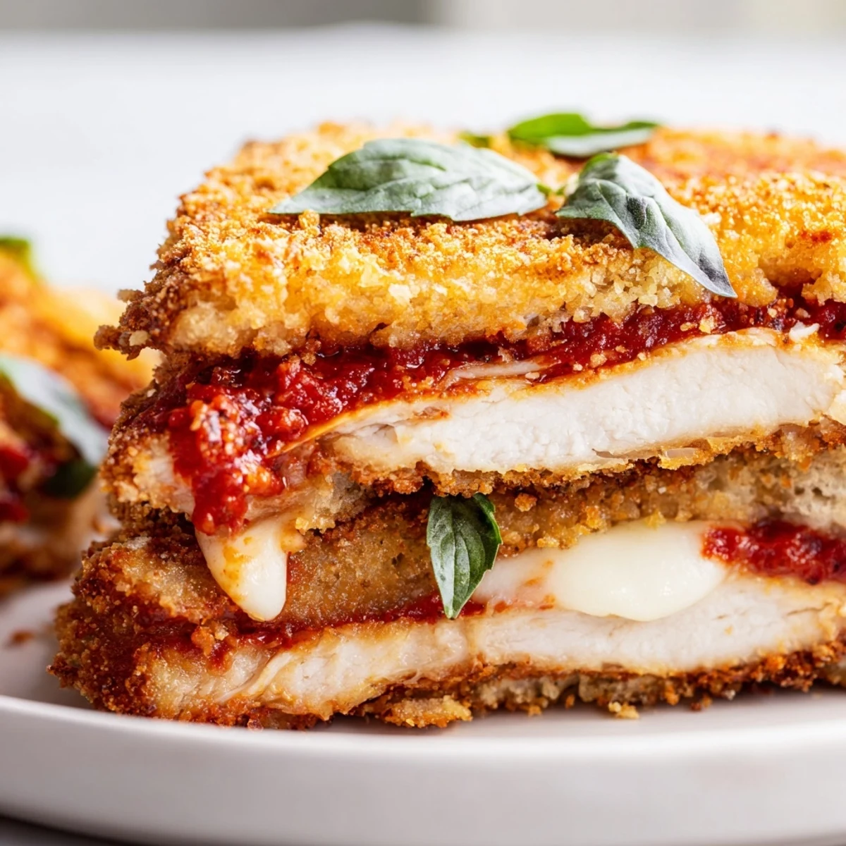Warm Chicken Parm Grilled Cheese sandwich served with a side of marinara for dipping and fresh basil garnish on a rustic wooden table.