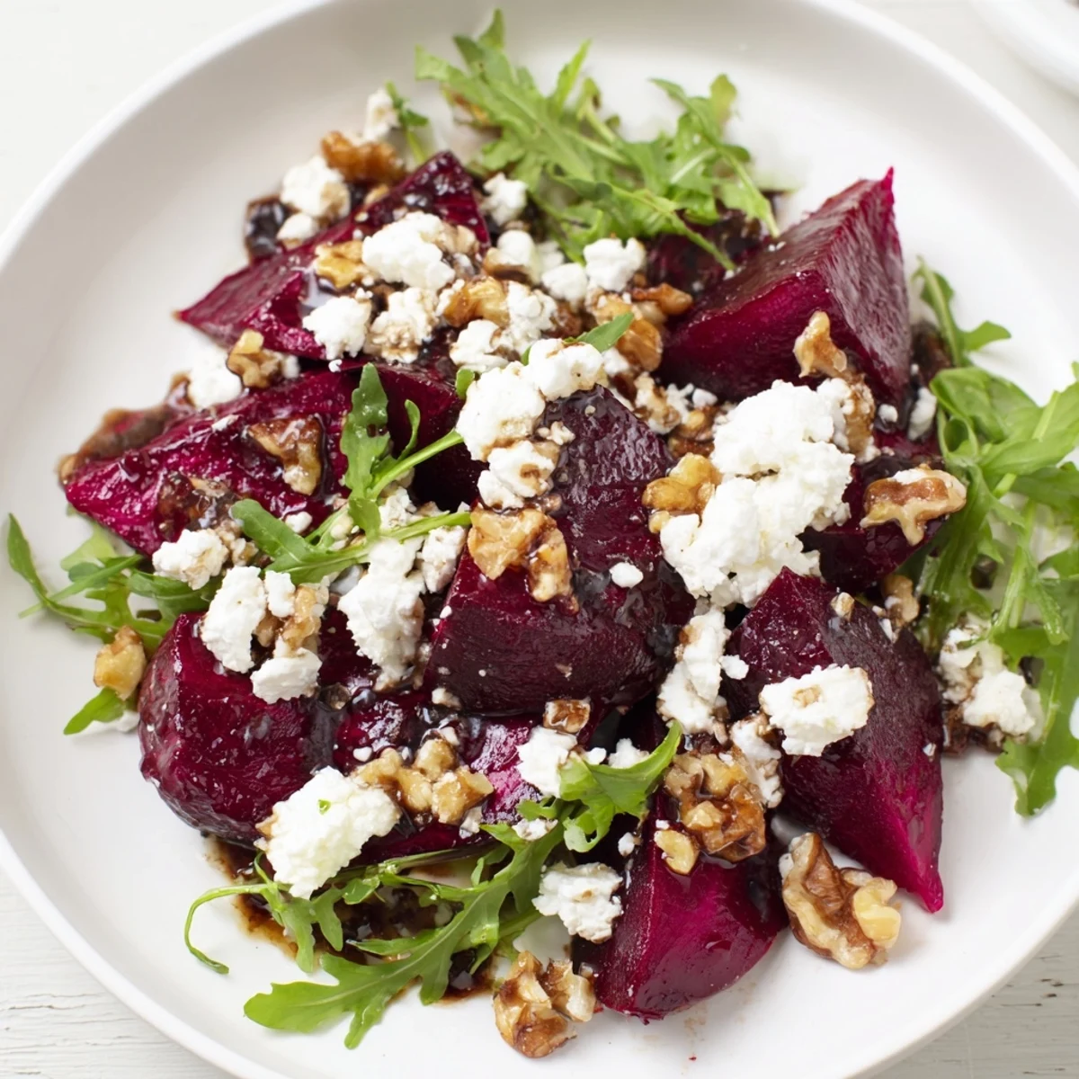 Hearty roasted beet goat cheese salad garnished with fresh herbs, ready to serve at an American dinner table.