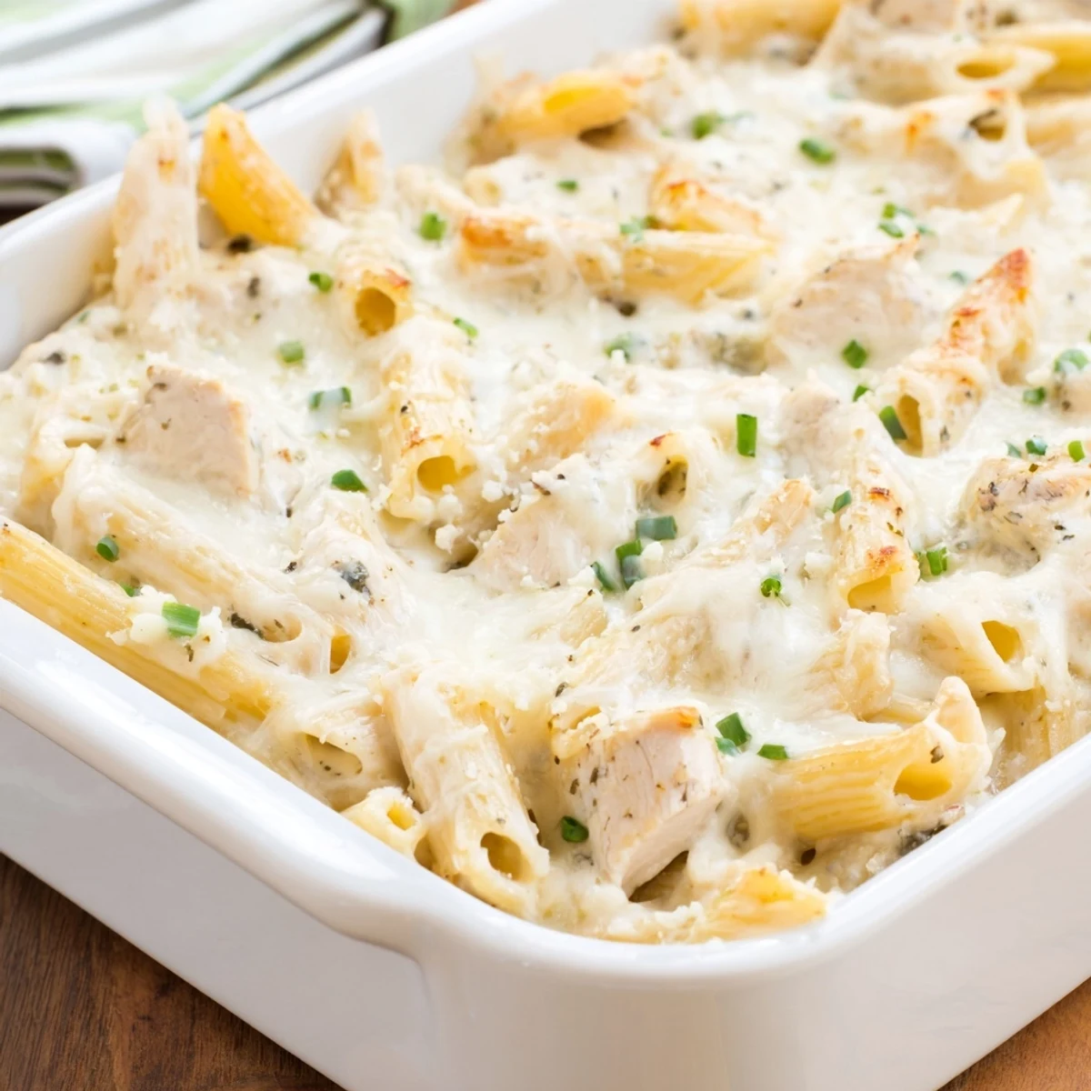 Golden-brown Chicken Ranch Pasta Bake with bubbly mozzarella, fresh chives, and creamy ranch sauce, served from a 9x13 dish.