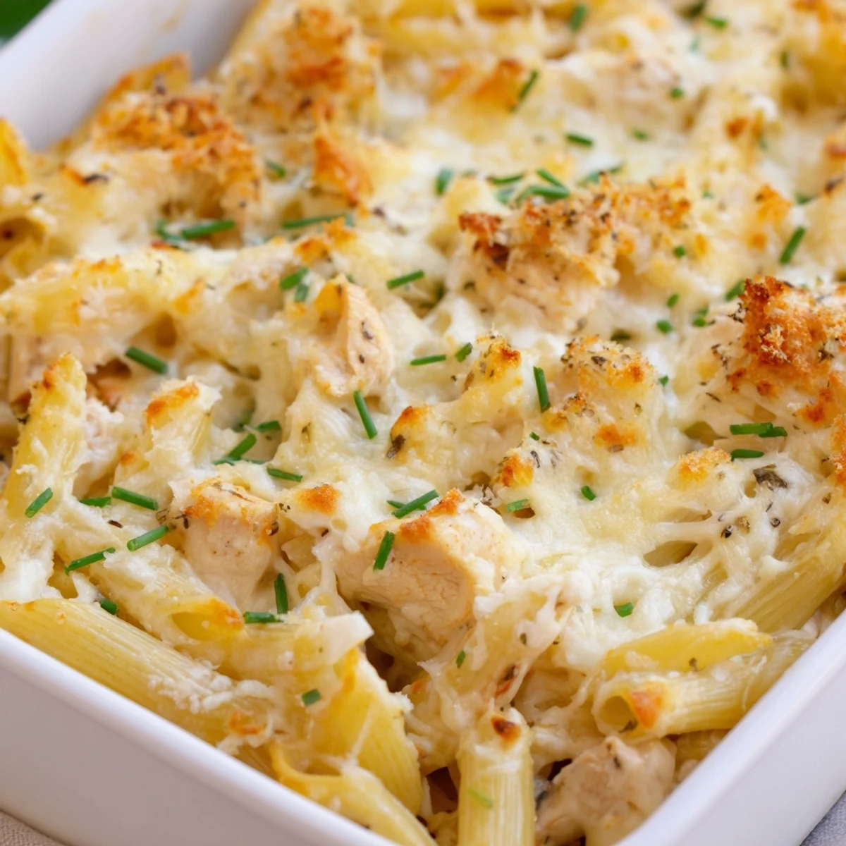 Close-up of a freshly baked Chicken Ranch Pasta Bake with a golden, bubbly cheese topping and herbs.