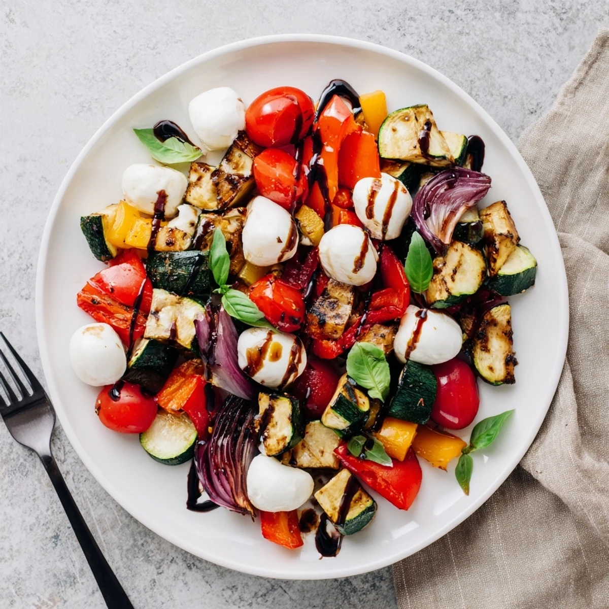 Colorful roasted vegetables and mozzarella pearls tossed in balsamic glaze, perfect for this vegetarian Roasted Veggie Caprese Salad.
