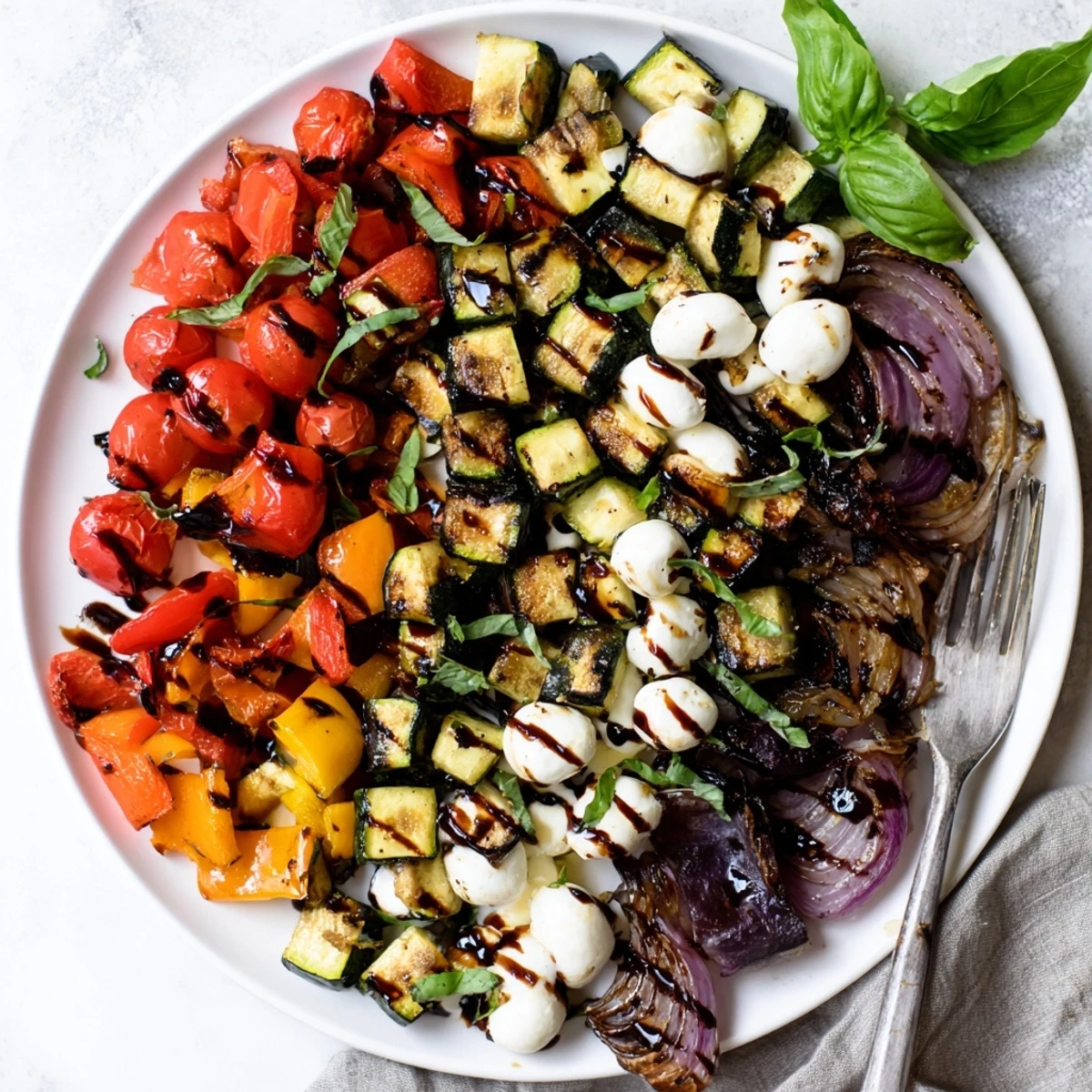 Serving platter of warm Roasted Veggie Caprese Salad with mozzarella pearls and a drizzle of sweet-tangy balsamic glaze.
