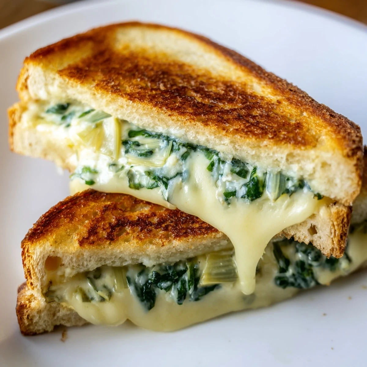 The Artichoke Spinach Grilled Cheese features a creamy spinach–artichoke filling between crisp, buttery slices served warm on a wooden board.  
