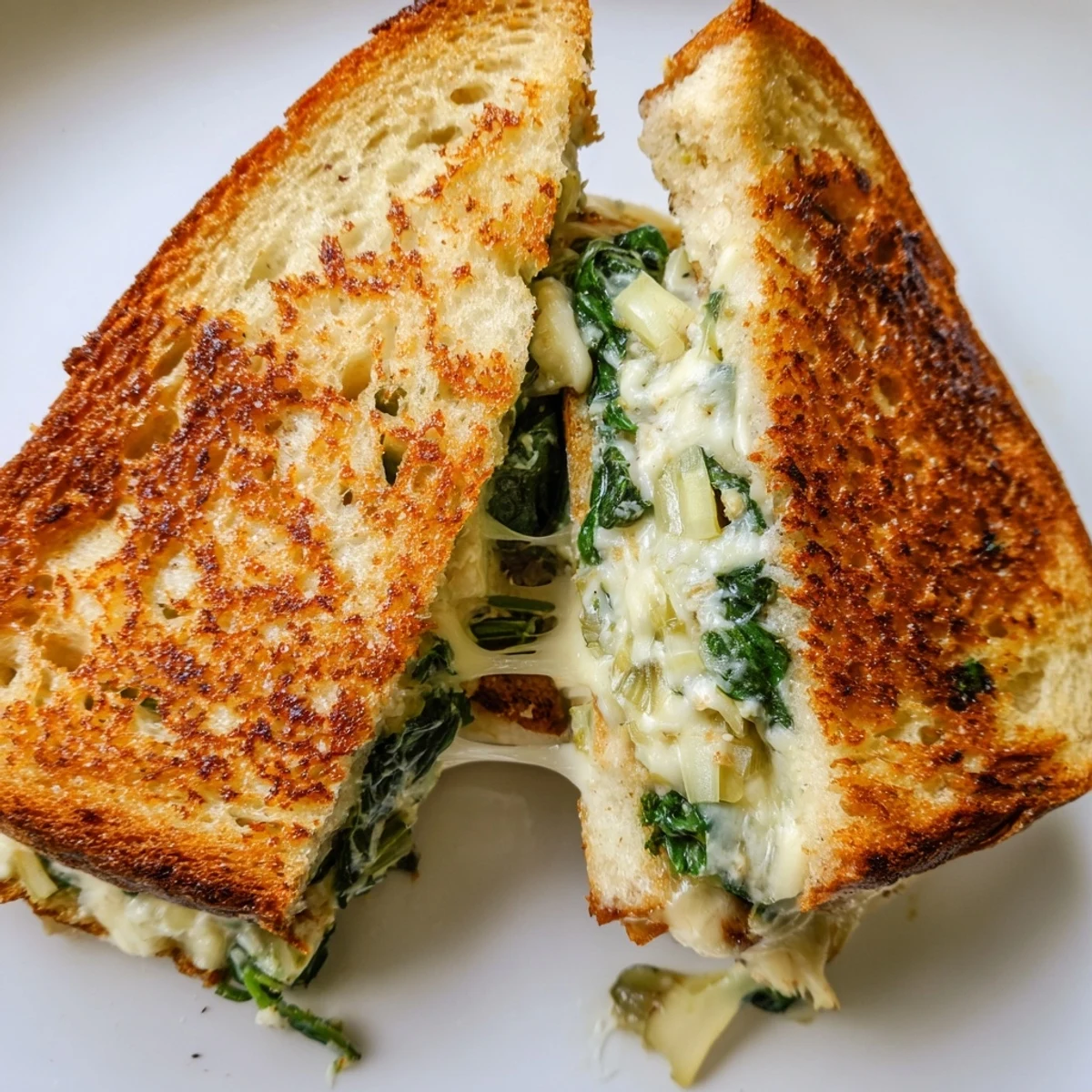 A close-up of golden sourdough slices oozing melted cheese with Artichoke Spinach Grilled Cheese beside a bowl of tomato soup.  