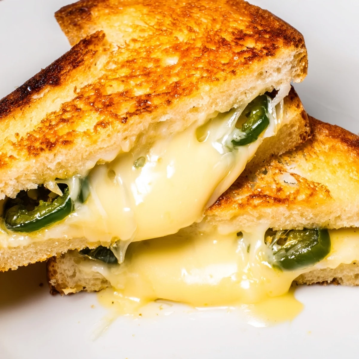 Golden-brown jalapeño Havarti grilled cheese sandwich, with melted cheese and spicy jalapeños visible between crispy sourdough slices.