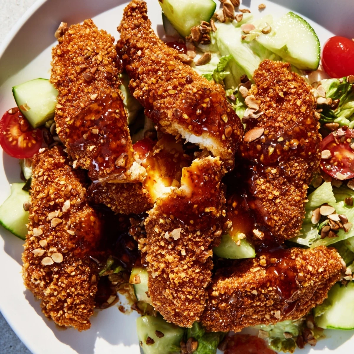 Golden crispy chicken strips drizzled with spicy hot honey, served over fresh chopped romaine with cucumber and tomatoes.  