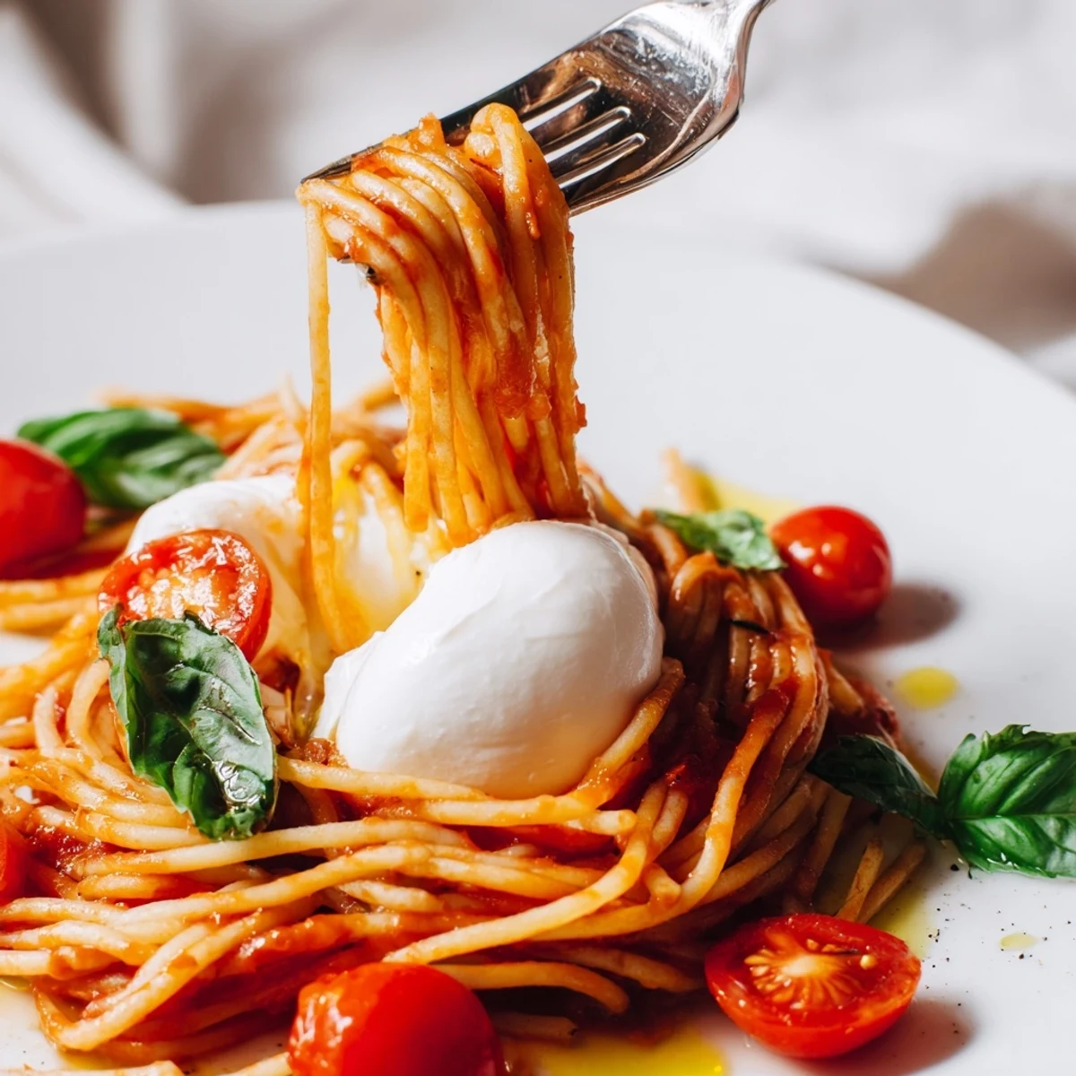 Freshly torn burrata cheese melts into warm, al dente spaghetti tossed with juicy cherry tomatoes and fragrant basil. A vibrant and comforting Burrata Caprese Pasta ready to serve.