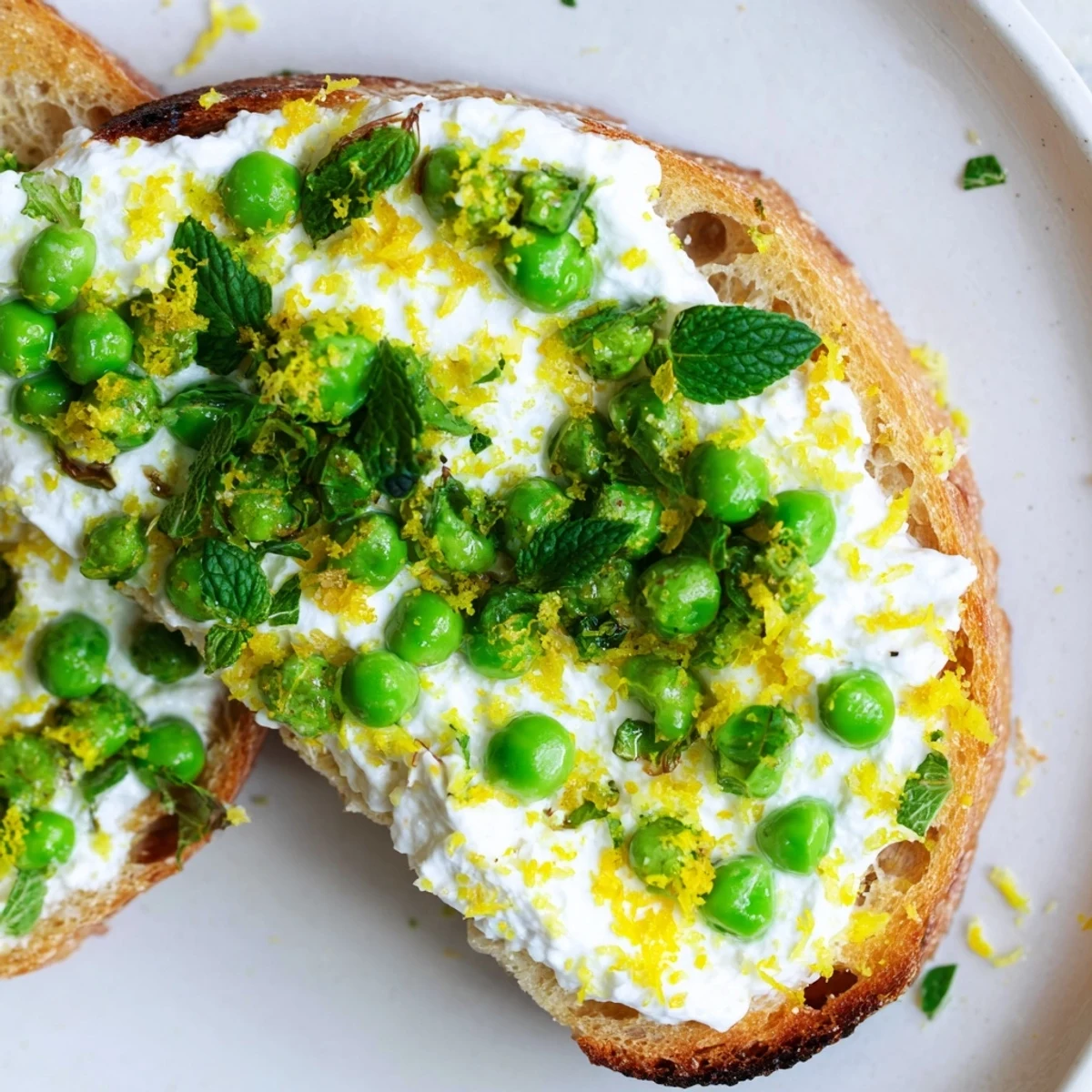 Golden toasted sourdough topped with creamy pea and mint ricotta spread, garnished with fresh lemon zest.
