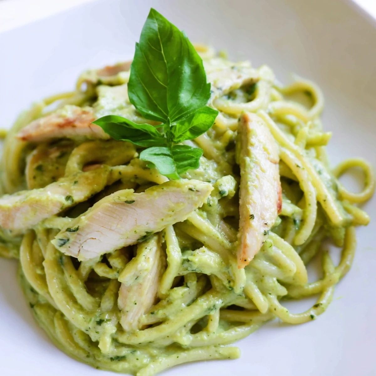 Creamy avocado chicken pasta served warm in a white bowl, topped with fresh basil and grilled chicken slices.